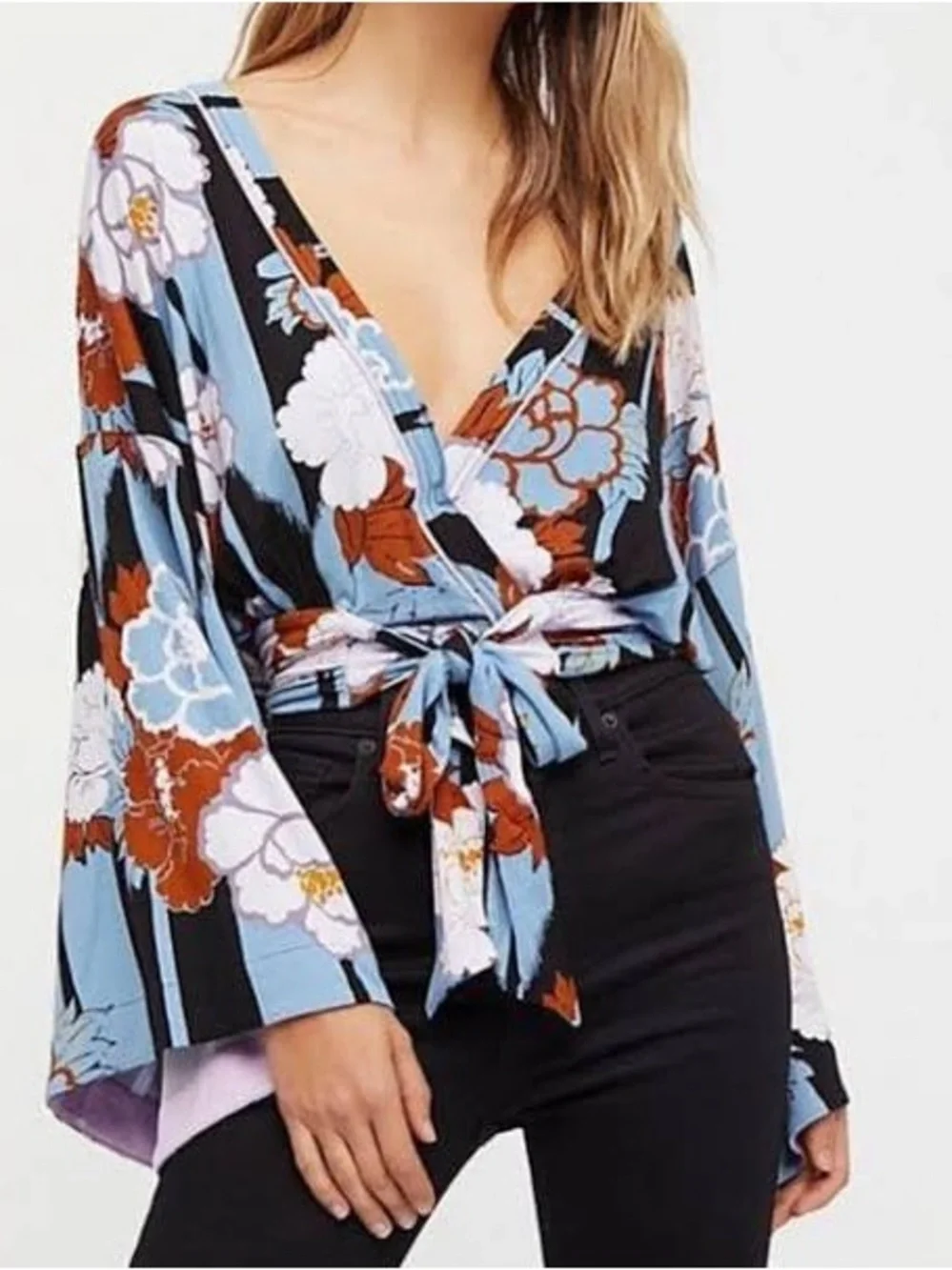 Free People That’s a Wrap Floral Top Bell Sleeves Slate Blue Black XS